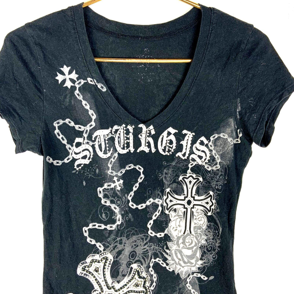 Sturgis Y2k Cross TShirt XS Black VNeck Bedazzled Motorcycle Rally Graphic Tee – Premium Graphic · Top Pick For Any Outfit