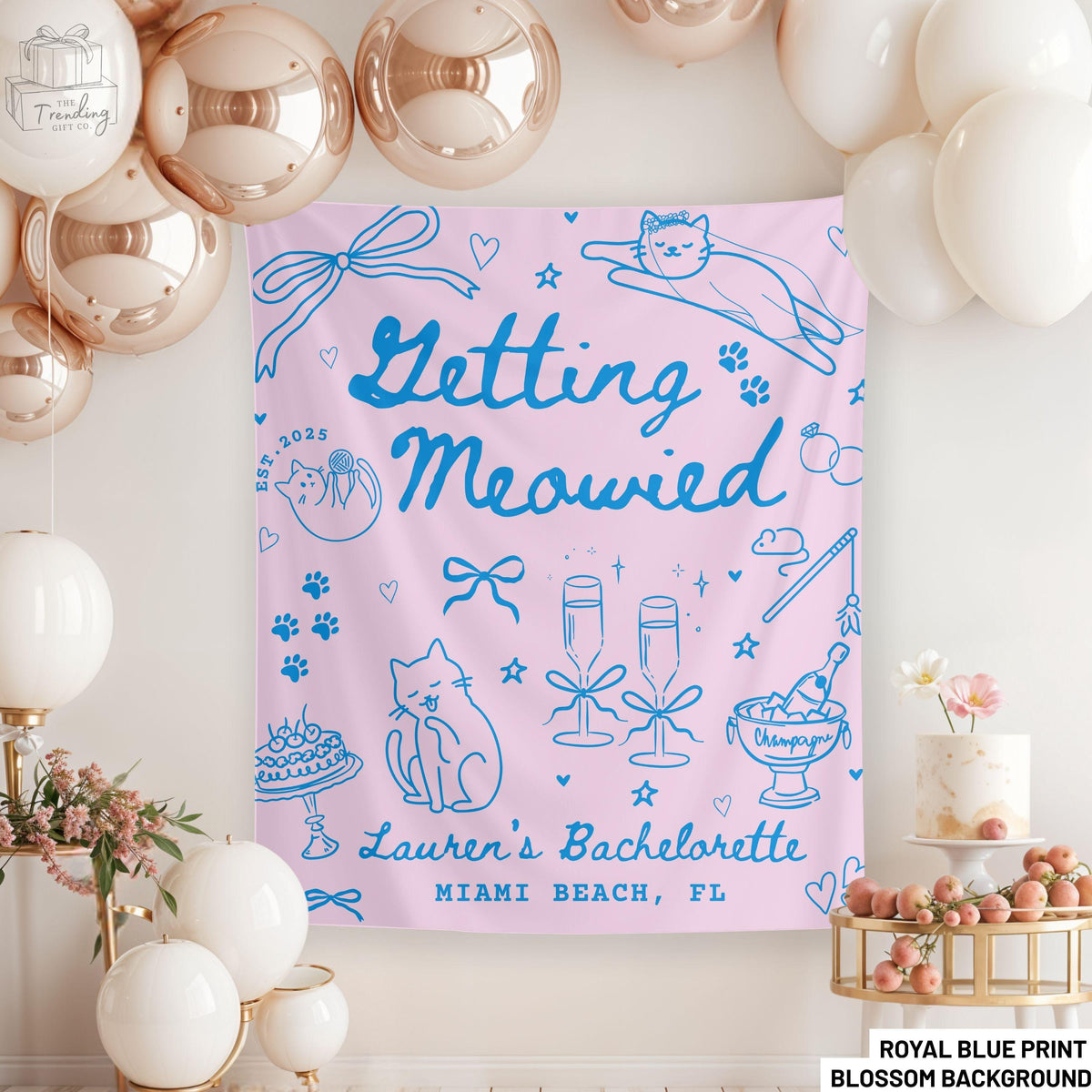 Cat Bachelorette Party Banner Custom Getting Meowied Welcome Sign Personalized Funny Cat Themed Bach Party Tapestry Here to Purrty Decor Graphic Tee – Premium Graphic · Top Pick For Any Outfit