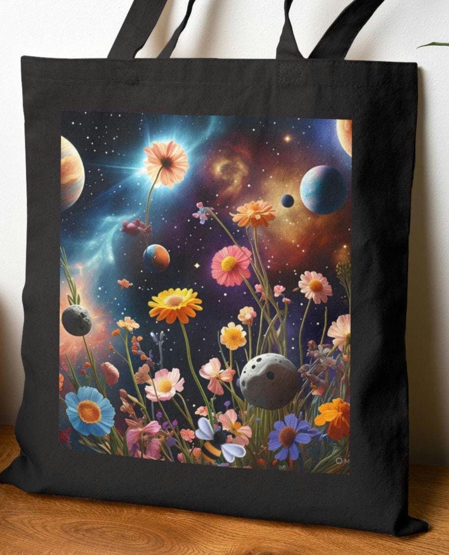 Wildflower Space tote Bag Space Lover Gift Eco Friendly Shopping Tote Art Tote for Nature Enthusiasts Floral Tote Bag Cosmic Tote Bag Tote Bag – Premium Graphic · High-Quality Print