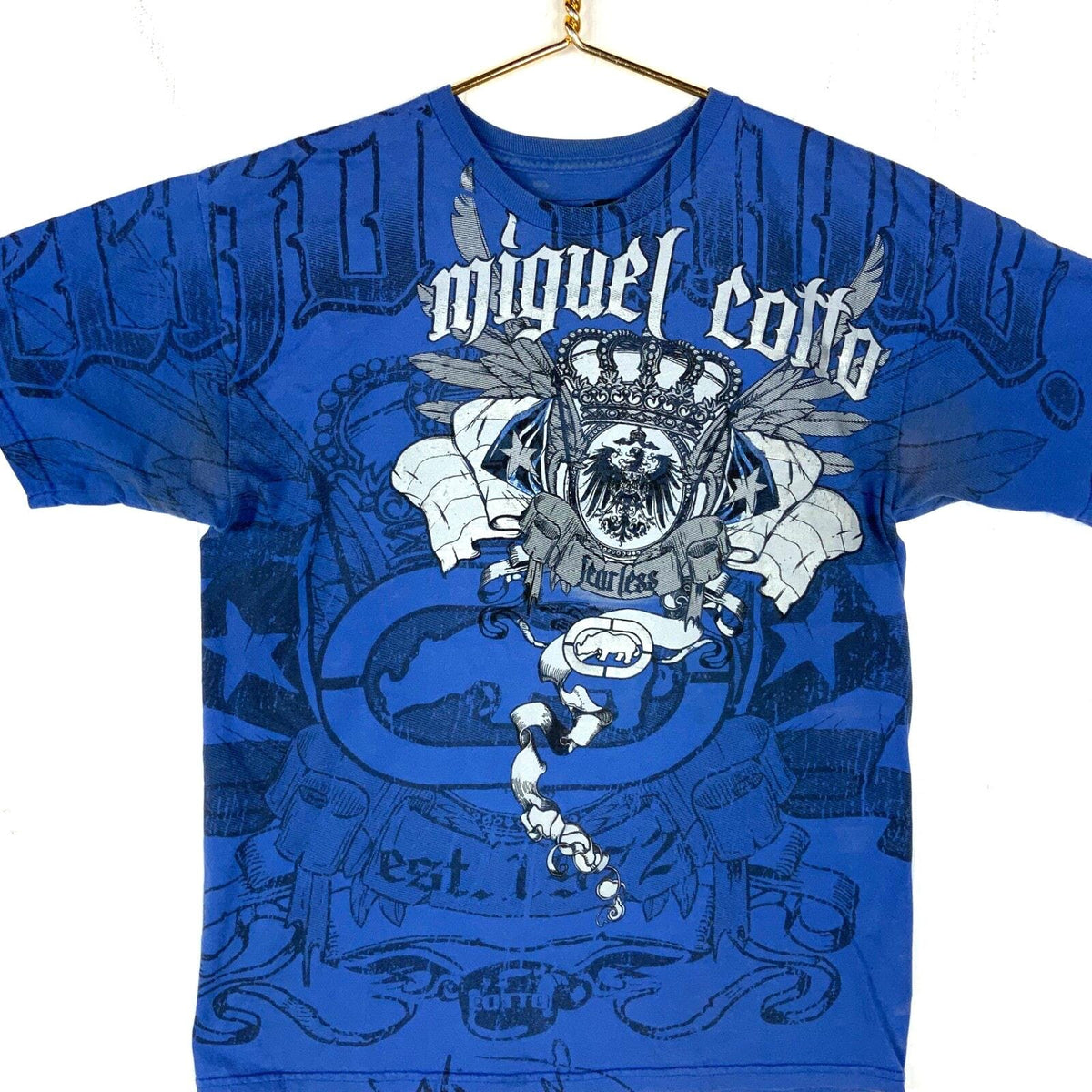 Y2K Ecko Unltd Miguel Cotto TShirt Medium Blue All Over Print Fearless Boxing Graphic Tee – Fan Favorite · Must-Have Style