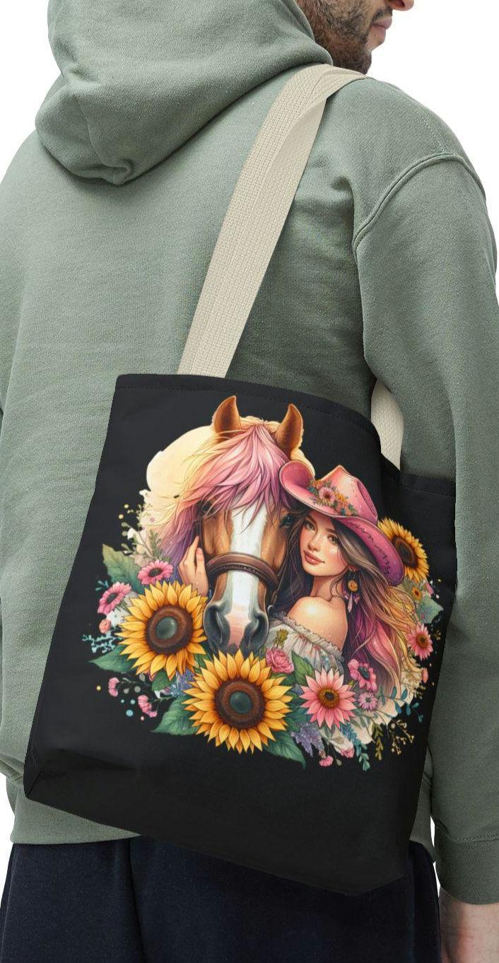 Cowgirl Tote Bag Western Vibe Floral Sunflower Design Perfect for Gift Riding Summer Fun Equestrian Events Shopping Cute cowgirl Tote Bag – Bold Style · Trending Graphic Apparel