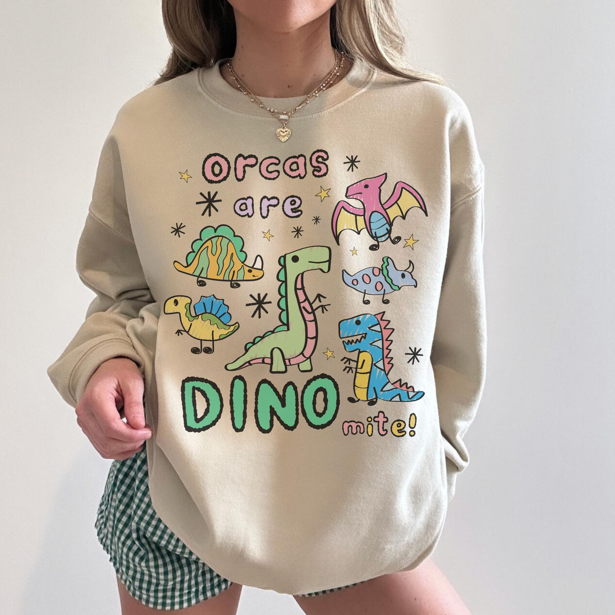 Funny Orca Whale Lover Sweatshirt Marine Biologist Who Loves Dinosaurs Orcas are Dinomite Funny Saying Ocean Animal Crewneck with Stars Sweatshirt – Bold Style · Top Pick For Any Outfit