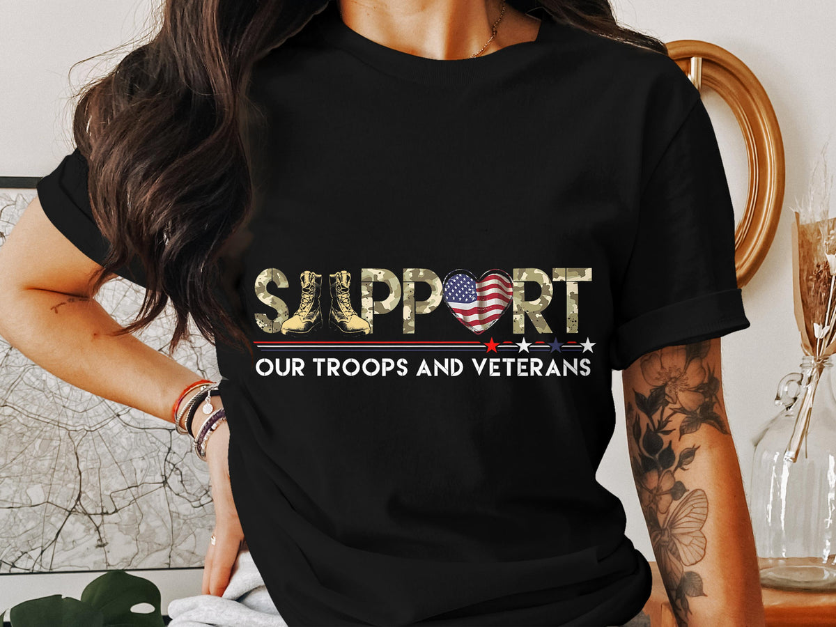 Support Our Troops T Shirt Veterans T Shirt Patriotic T Shirt American Flag Heart Military Boots Camouflage Design Graphic Tee – Warm & Stylish · Trending Graphic Apparel