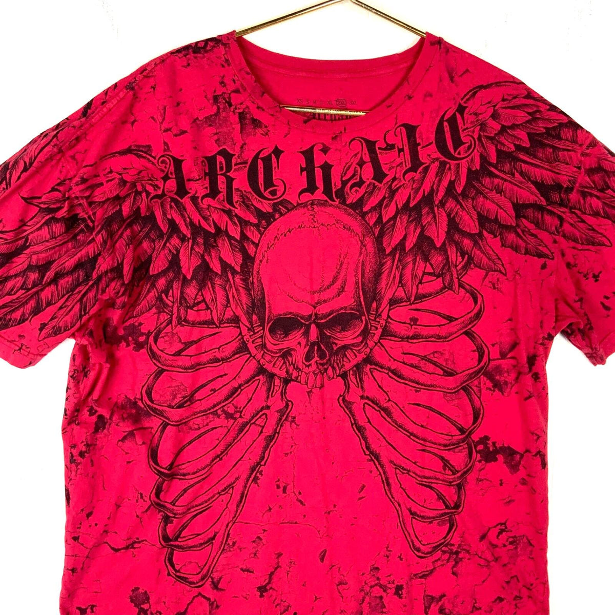Y2K Archaic TShirt Size 2XL Red All Over Print Grunge Skull Winged Skeleton Graphic Tee – Warm & Stylish · High-Quality Print