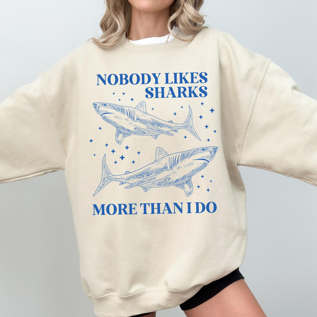 Cute Shark Lover Sweatshirt with Stars for Animal Lover or Beach Lover Who Loves Great White Sharks Funny Saying Marine Biologist Present Sweatshirt – Premium Graphic · Great Gift For Fans