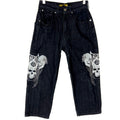 Vintage Y2K Women39s Denim Jean Size 26x24 Black Embroidered Skull Wings Graphic Tee – Aesthetic Look · Must-Have Style