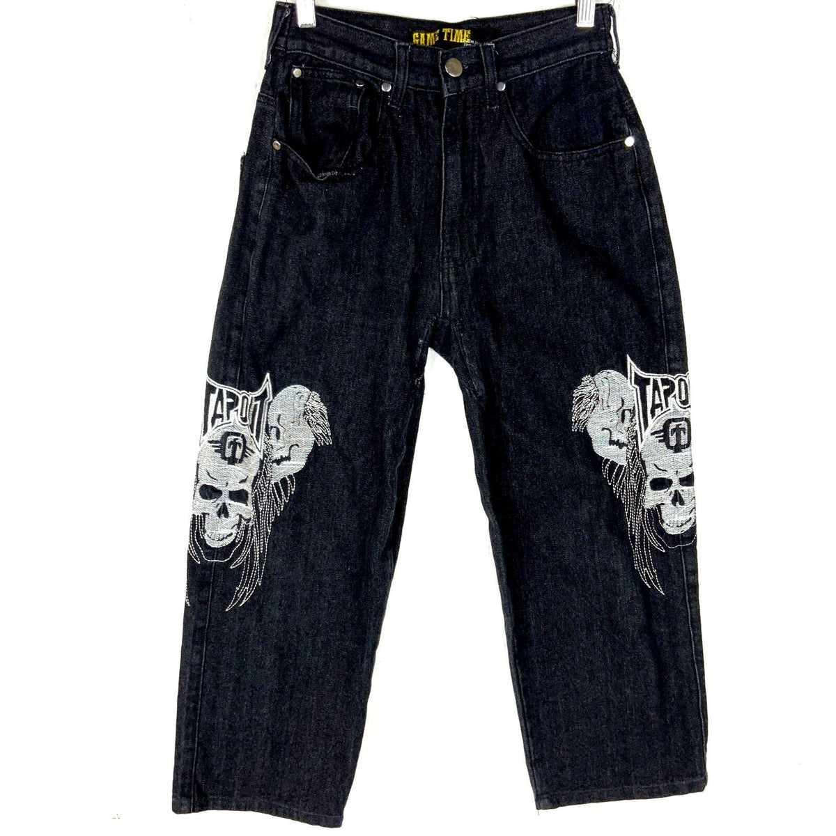 Vintage Y2K Women39s Denim Jean Size 26x24 Black Embroidered Skull Wings Graphic Tee – Aesthetic Look · Must-Have Style