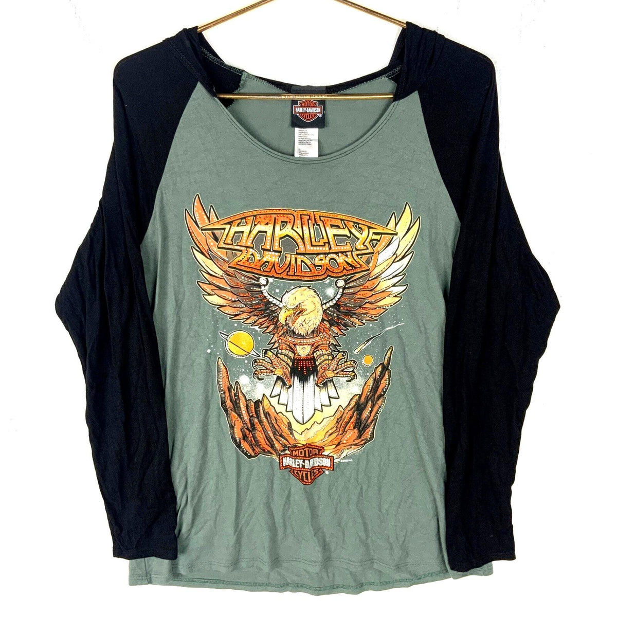 Harley Davidson Women39s Long Sleeve Hoodie Shirt XL Green Rhinestone Hoodie – Warm & Stylish · High-Quality Print