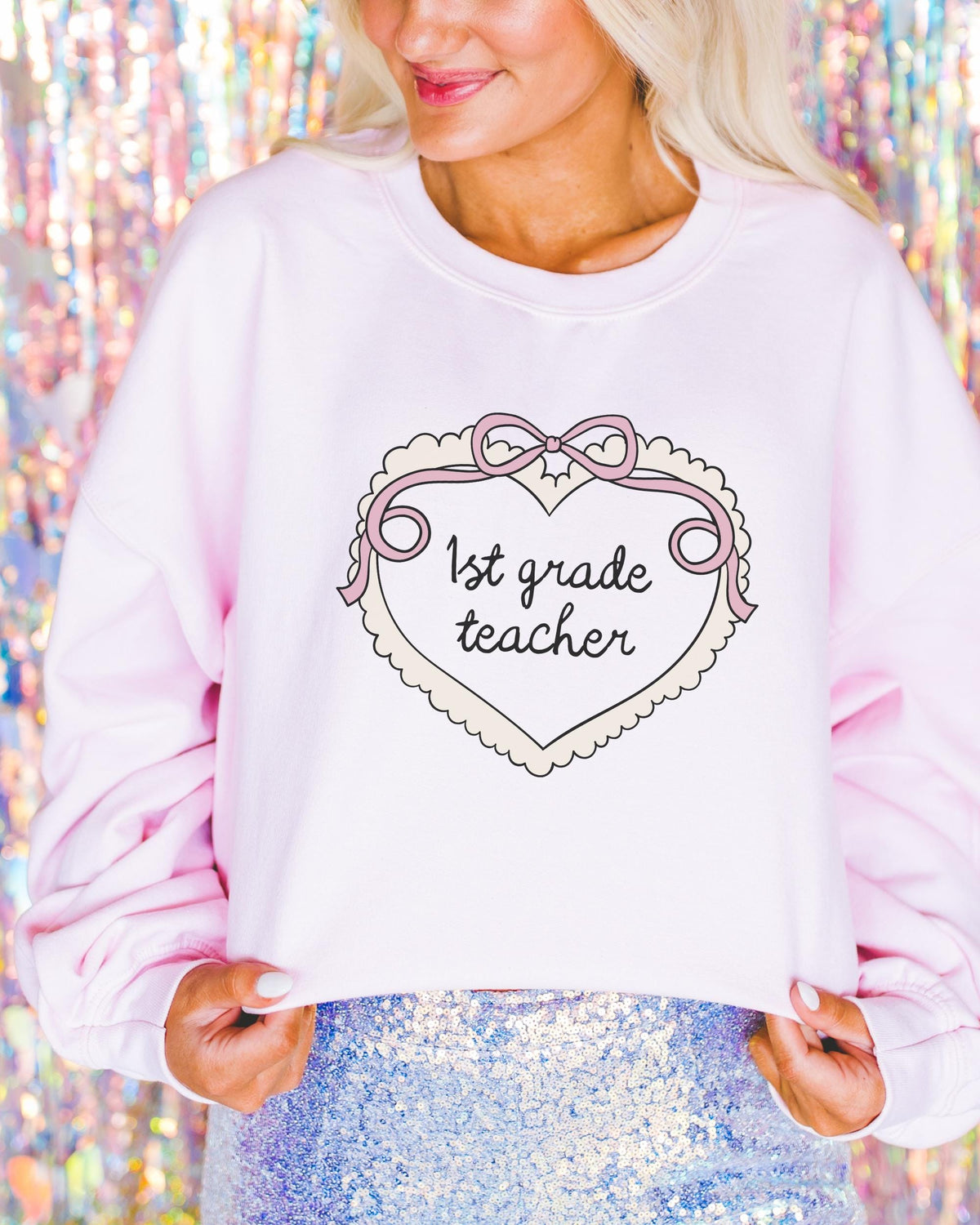 First Grade Teacher Sweatshirt for First Grade Crew Cute Retro Aesthetic Heart Shirt with Ribbon Matching Teacher New Teaching Job Gift Sweatshirt – Cozy Vibes · Top Pick For Any Outfit
