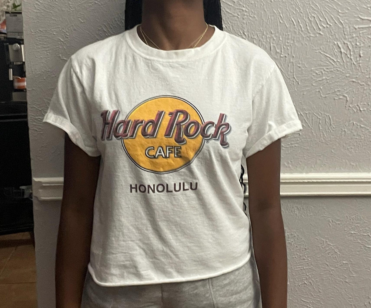 Vintage 90s Hard Rock Cafe HonoLulu white croptop t shirt modeled size S Graphic Tee – Soft Feel · High-Quality Print