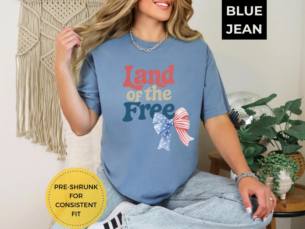 Land of the Free Bow T Shirt Retro Patriotic Tee 4th of July Shirt USA Graphic Tee Cute Red White Blue Summer Top Graphic Tee – Bold Style · Trending Graphic Apparel