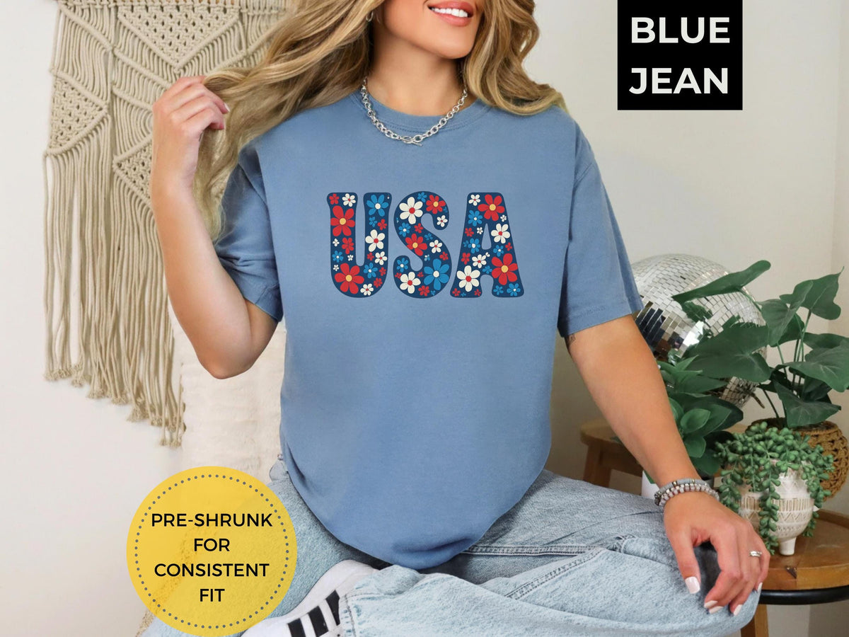 USA Floral T Shirt Retro Patriotic Tee Red White Blue Flower Shirt Adult Unisex Top Vintage USA Graphic Tee 1717 Graphic Tee – Cozy Vibes · Perfect For Daily Wear