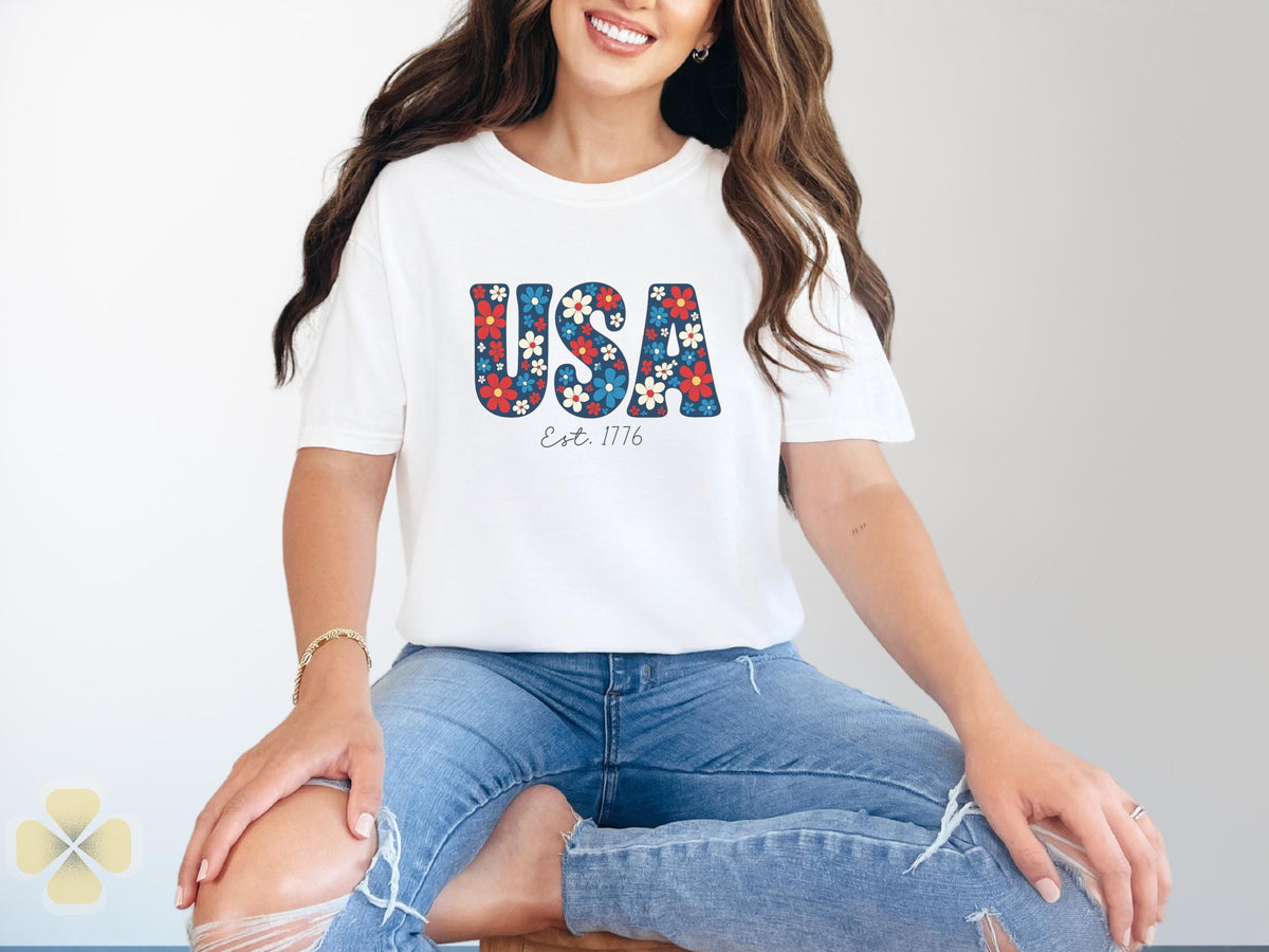 USA Est 1776 Floral T Shirt Retro Patriotic Tee Red White Blue Flower Shirt 4th of July Top Vintage USA Graphic Tee Graphic Tee – Bold Style · Great Gift For Fans