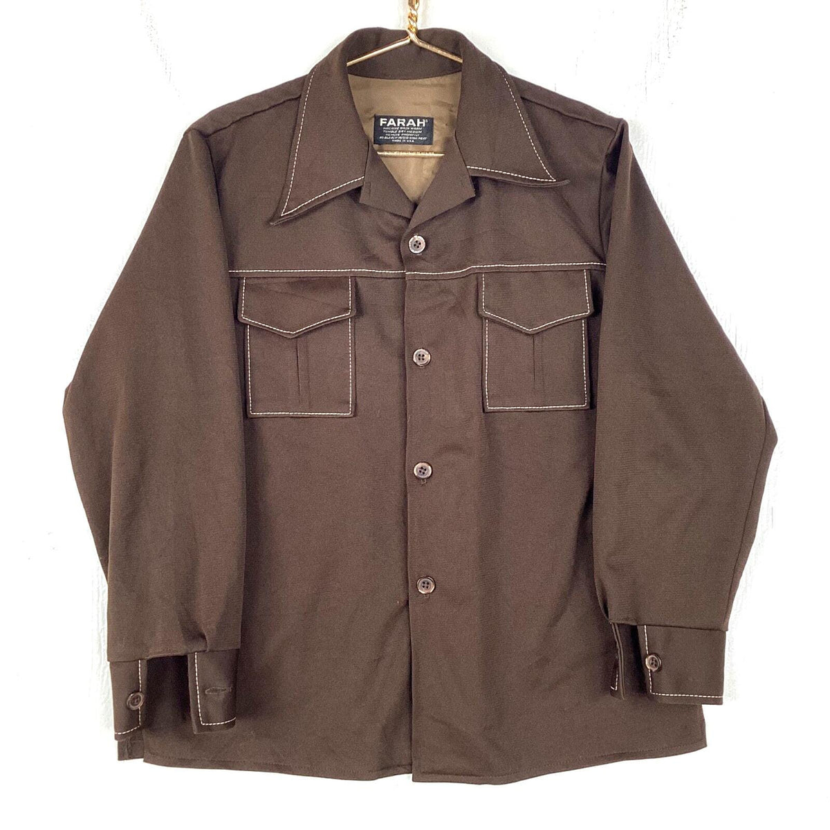 Vintage Farah 198039s Shirt Jacket Size XL Brown Button up Long Sleeve Graphic Tee – Aesthetic Look · Must-Have Style