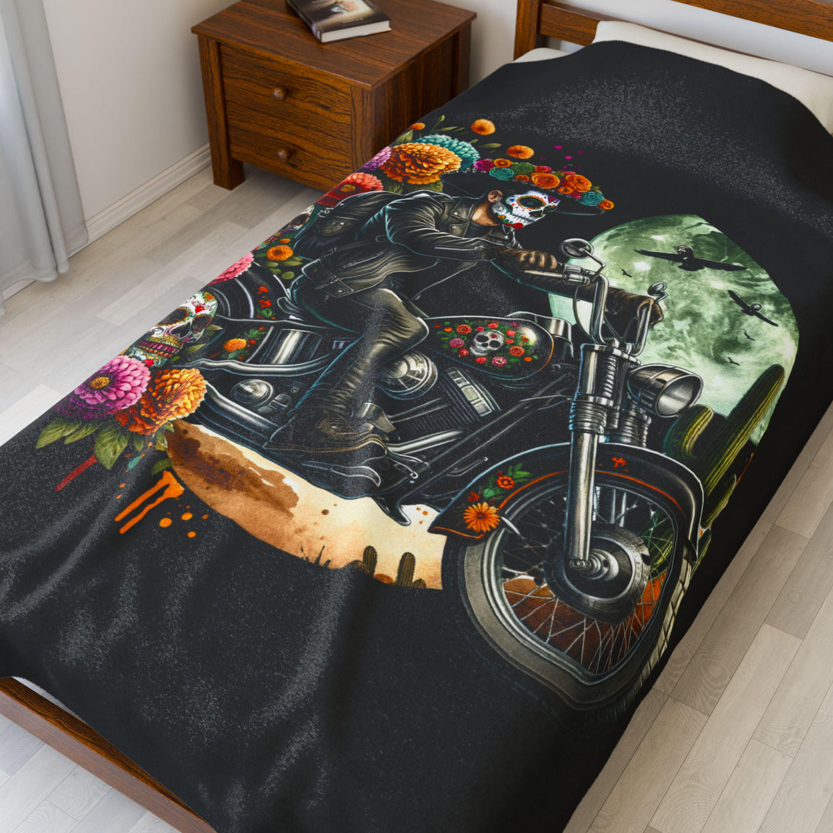 Day of the Dead Biker Plush Blanket Cozy Throw for Motorcycle Lovers Halloween Decor Dia de los Muertos Unique Gift Graphic Tee – Bold Style · High-Quality Print