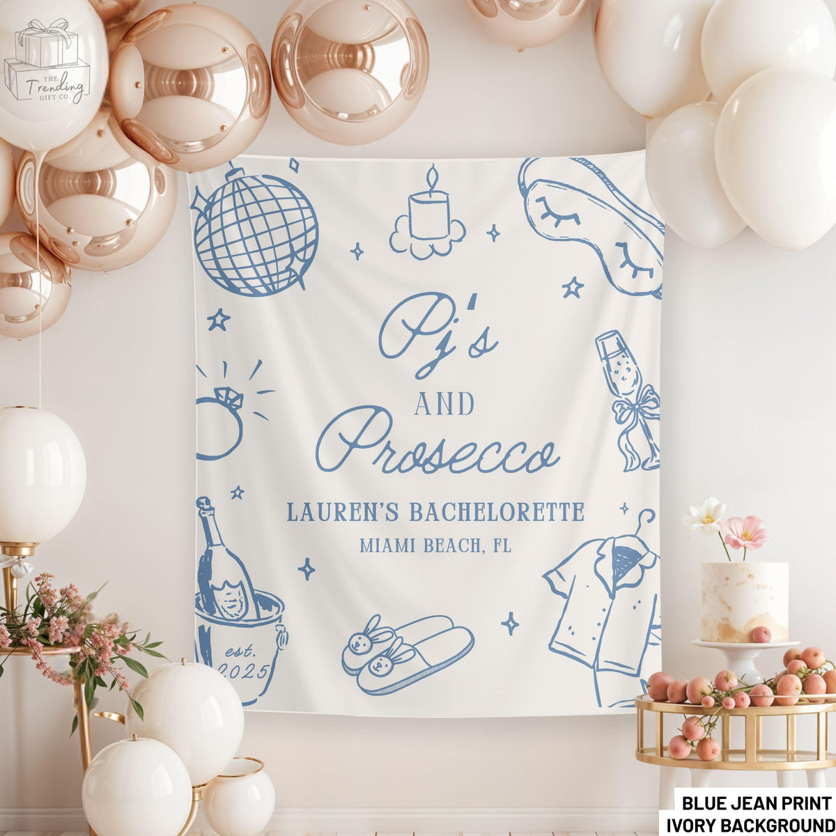 Pj39s and Prosecco Bachelorette Party Decor Champagne Slumber Party Backdrop Decoration Custom Bach Tapestry Spa Bridal Shower Banner Graphic Tee – Everyday Comfort · Must-Have Style