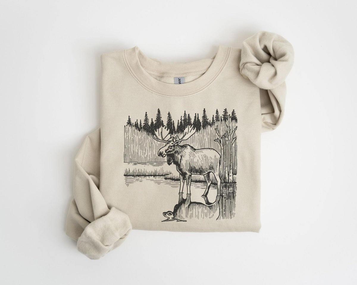 Retro Bull Moose Wilderness Scene Sweatshirt 90s Moose Wildlife Sweatshirt Winter Mountain Creek Unisex Graphic Crewneck Sweatshirt Sweatshirt – Premium Graphic · Great Gift For Fans