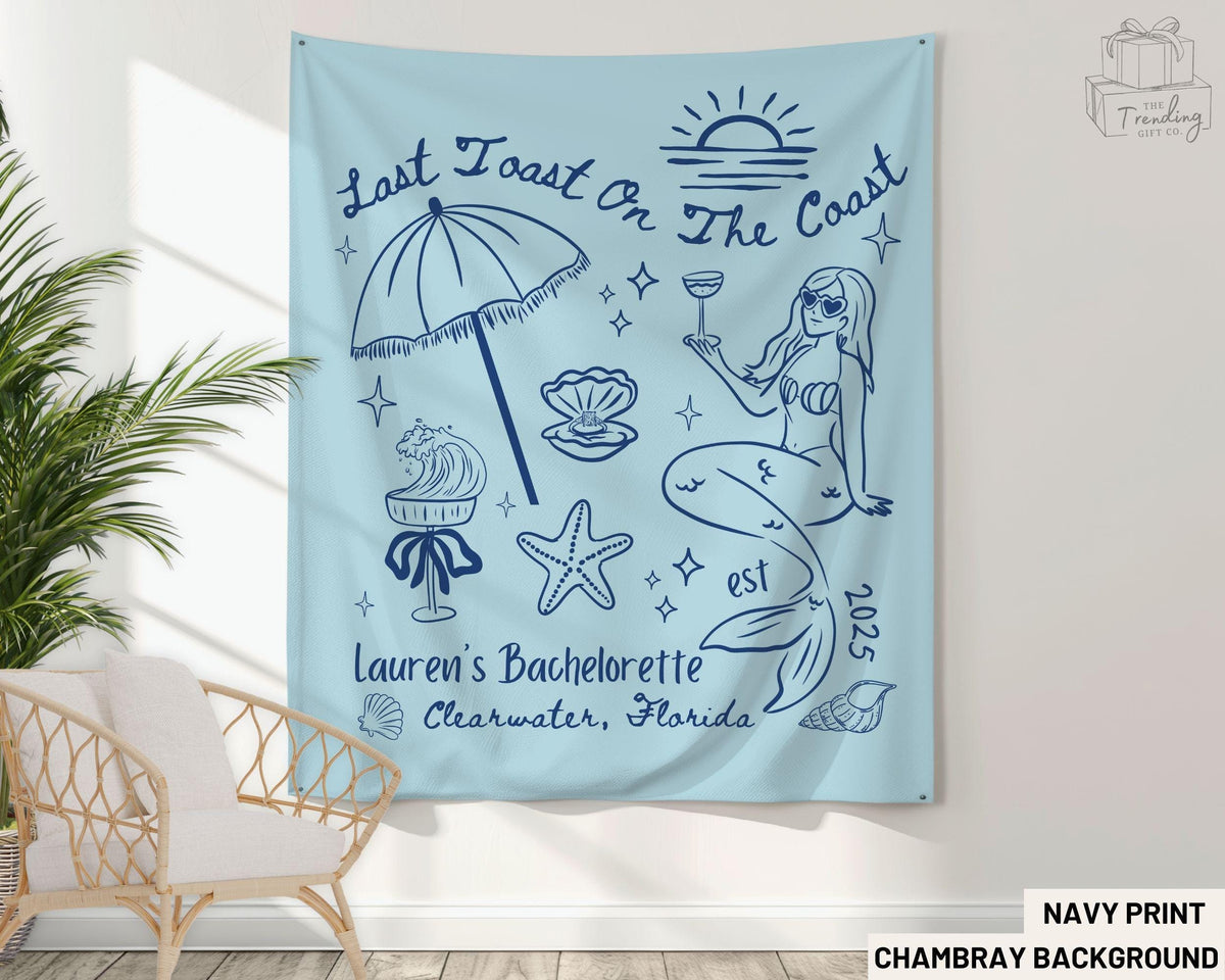 Custom Beach Bachelorette Party Banner Seashells and Wedding Bells Bridal Weekend Decor Personalized Coastal Wedding Backdrop Tapestry Graphic Tee – Everyday Comfort · Great Gift For Fans