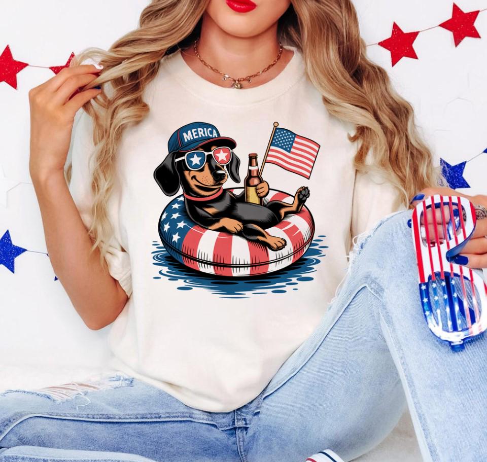 Funny 4th of July Dachshund Floatie Unisex Shirt America Pool Party Shirt Summer Beer Tee Independence Day Shirt For Her Graphic Tee – Bold Style · Trending Graphic Apparel