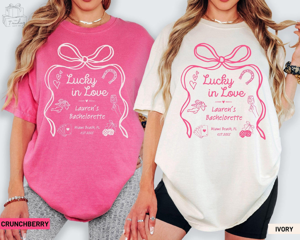 Lucky in Love Las Vegas Bachelorette Shirt Comfort Colors Personalized Casino Bridal Party Group TShirts Custom Feeling Lucky Girls Trip Tee Graphic Tee – Aesthetic Look · Trending Graphic Apparel