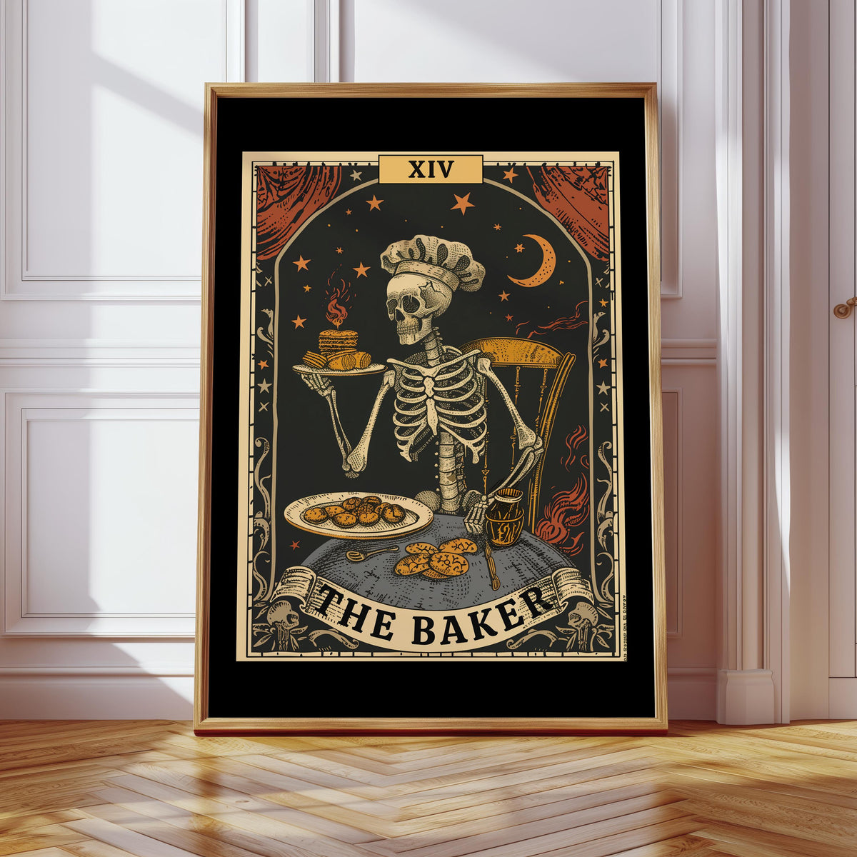 Baking Art PrintSkeleton Cooking PrintTarot Card Wall ArtGift for BakersCulinary Art PosterFunny Kitchen Wall ArtCake Lover Bakery Art Graphic Tee – Everyday Comfort · High-Quality Print