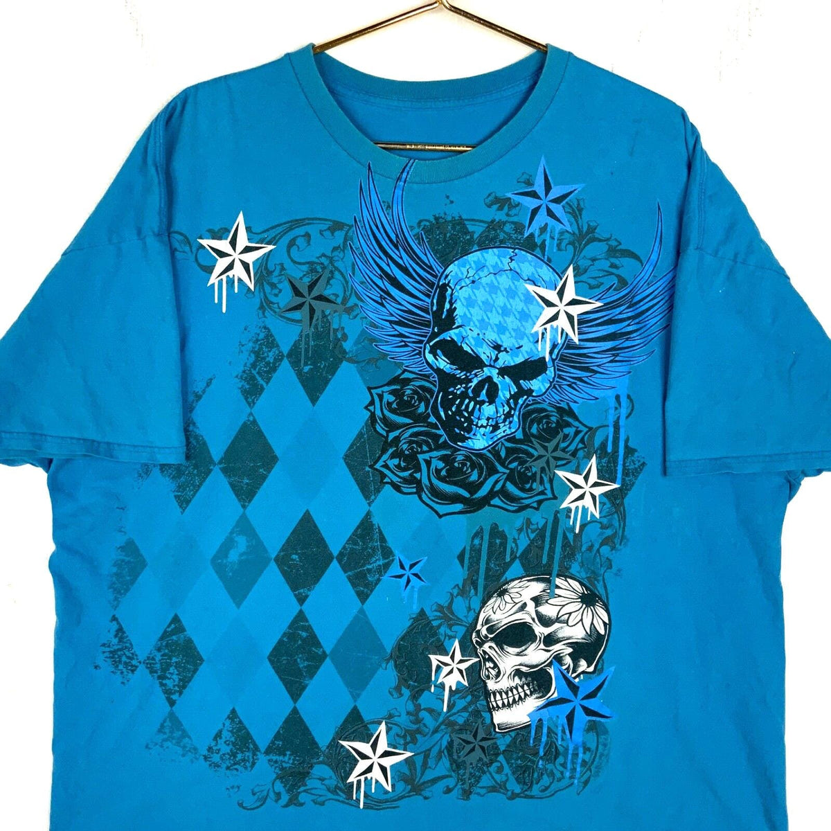 Y2K Big Skulls TShirt Size 2XL Blue Argyle Stars Graphic Tee – Feel-Good Design · High-Quality Print