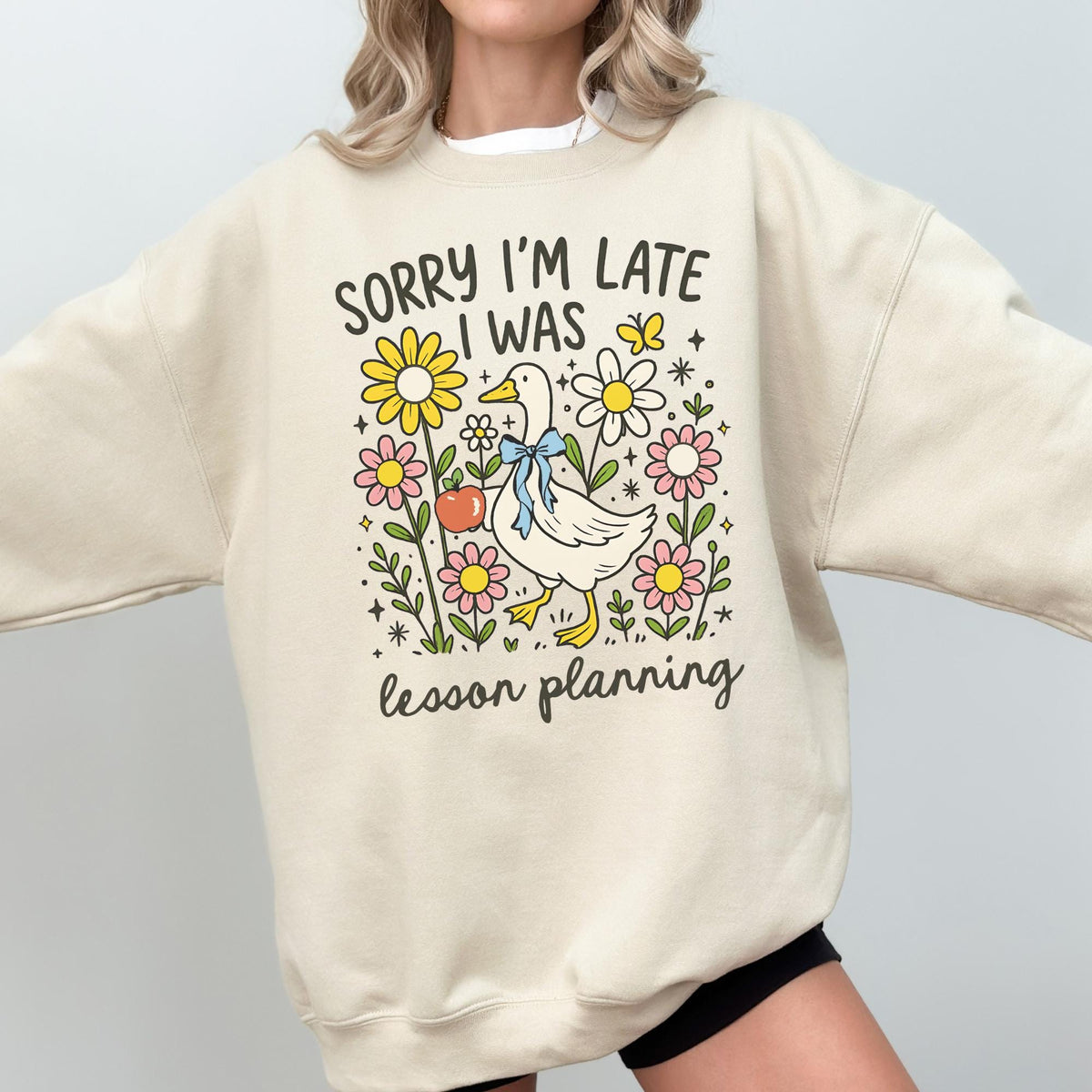 Back to School Matching Teacher Sweatshirt Elementary Teacher or High School Teacher Silly Goose with Flowers Cute Lesson Planning Gift Sweatshirt – Premium Graphic · High-Quality Print
