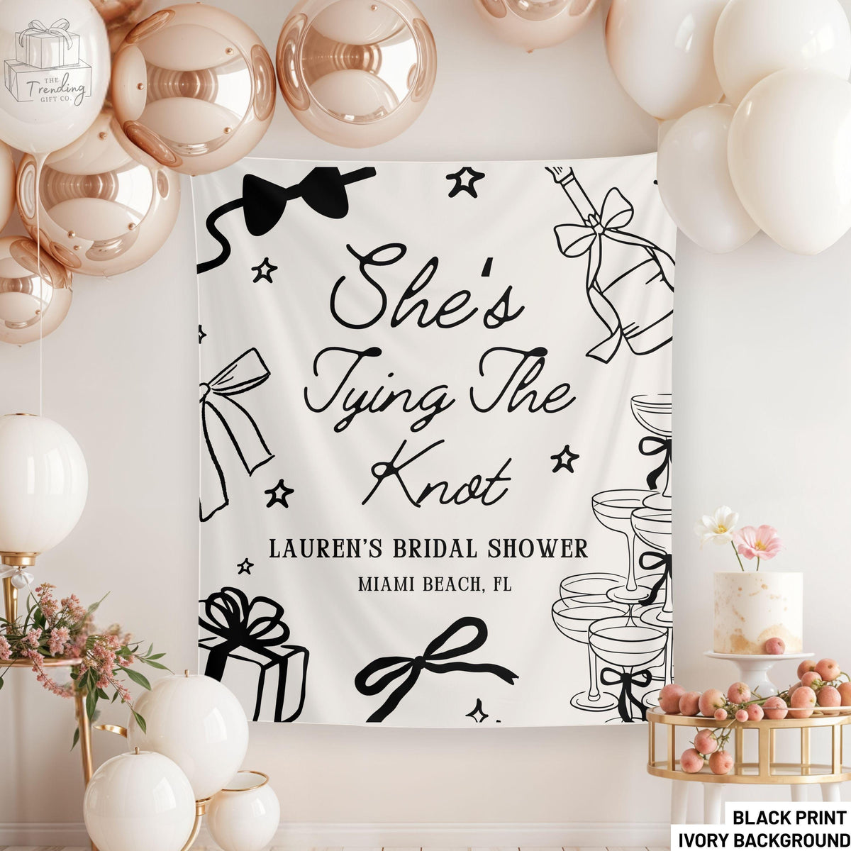 She39s Tying The Knot Bridal Shower Welcome Sign Personalized Coquette Bachelorette Party Photo Backdrop Custom Bow Bridal Shower Decor Graphic Tee – Warm & Stylish · Perfect For Daily Wear