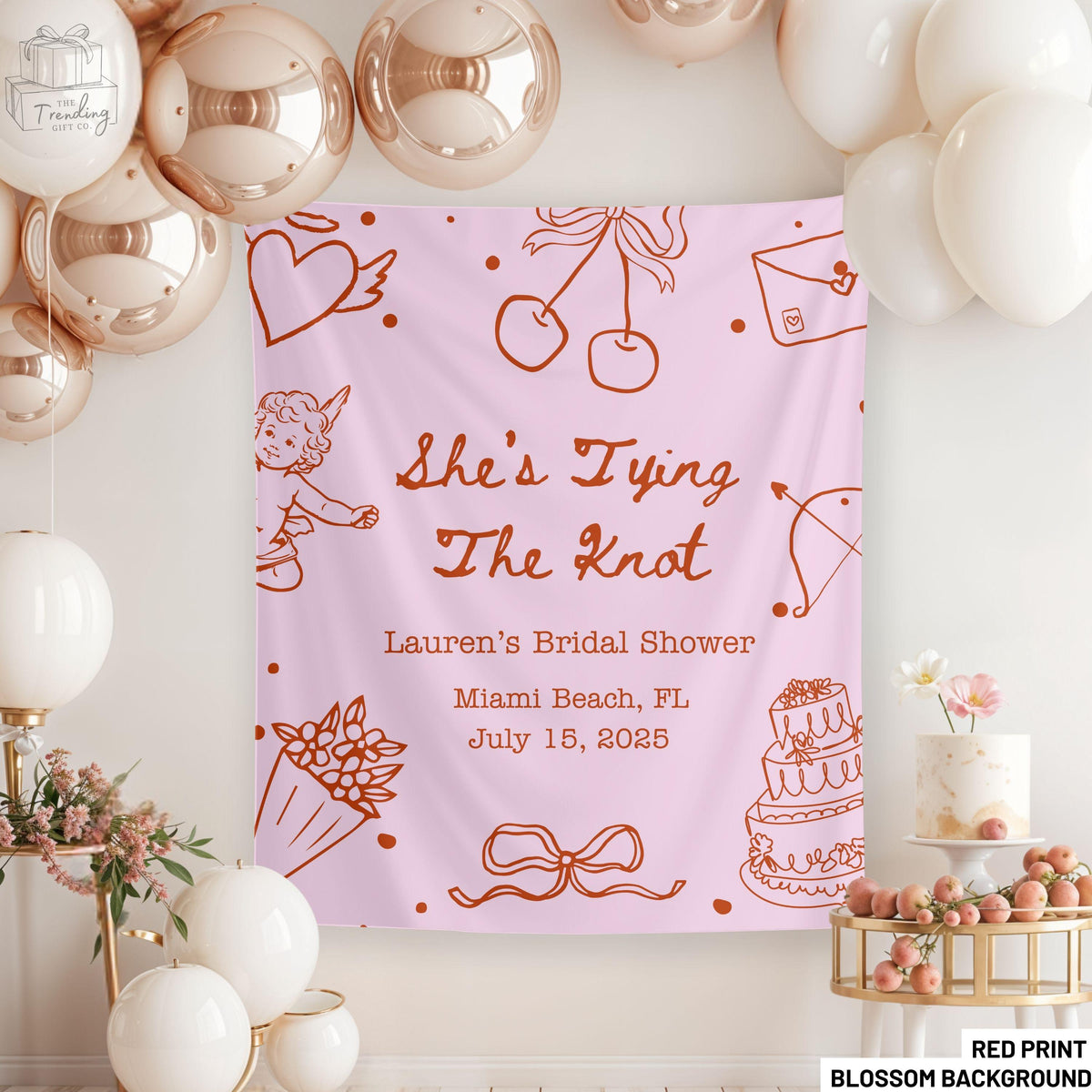 She39s Tying The Knot Bachelorette Party Banner Bridal Shower Welcome Sign Personalized Coquette Bow Photo BackdropCustom Bach Party Decor Graphic Tee – Cozy Vibes · Top Pick For Any Outfit