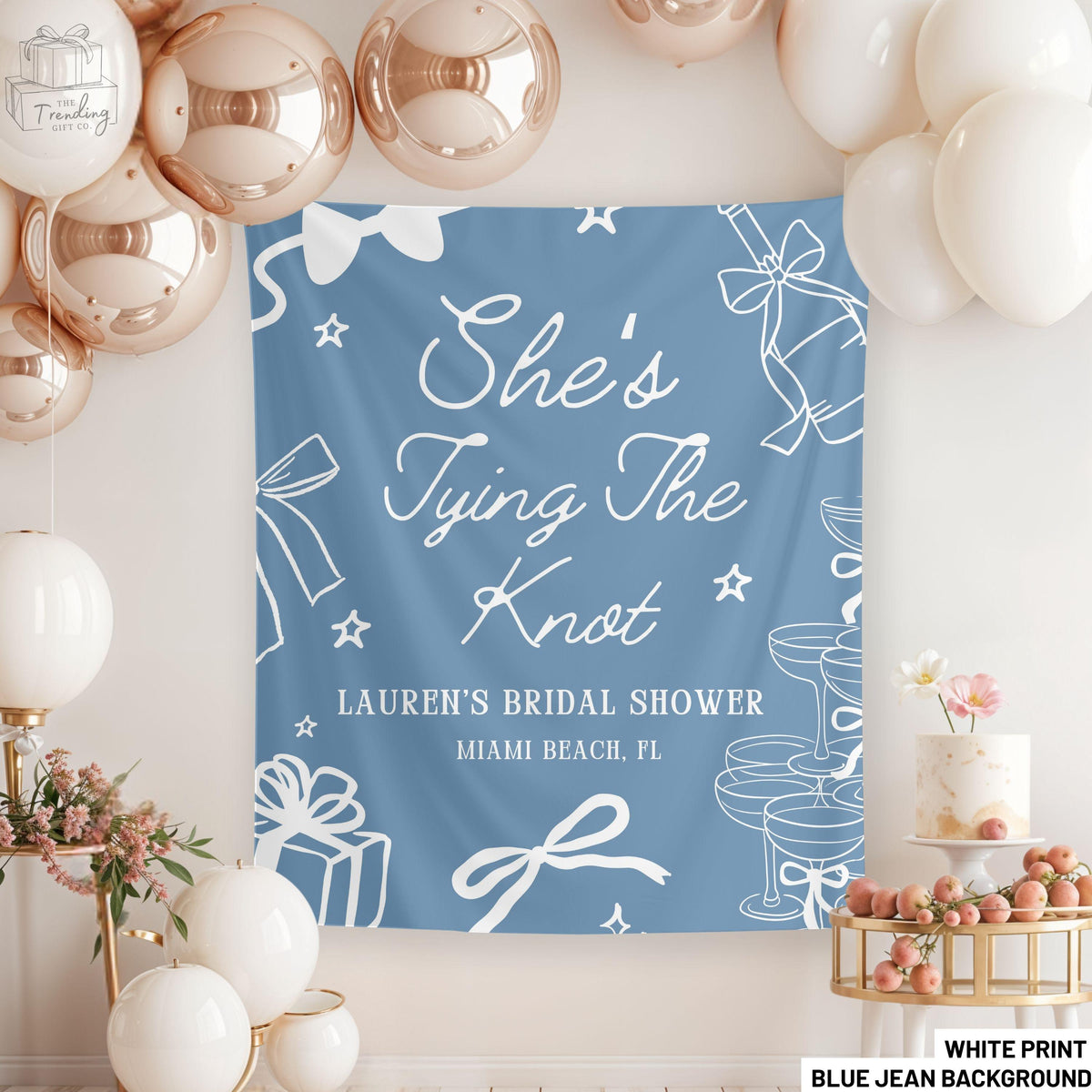 She39s Tying The Knot Bridal Shower Banner Personalized Coquette Sign Bachelorette Party Photo Backdrop Custom Bow Bridal Shower Decor Graphic Tee – Everyday Comfort · Perfect For Daily Wear