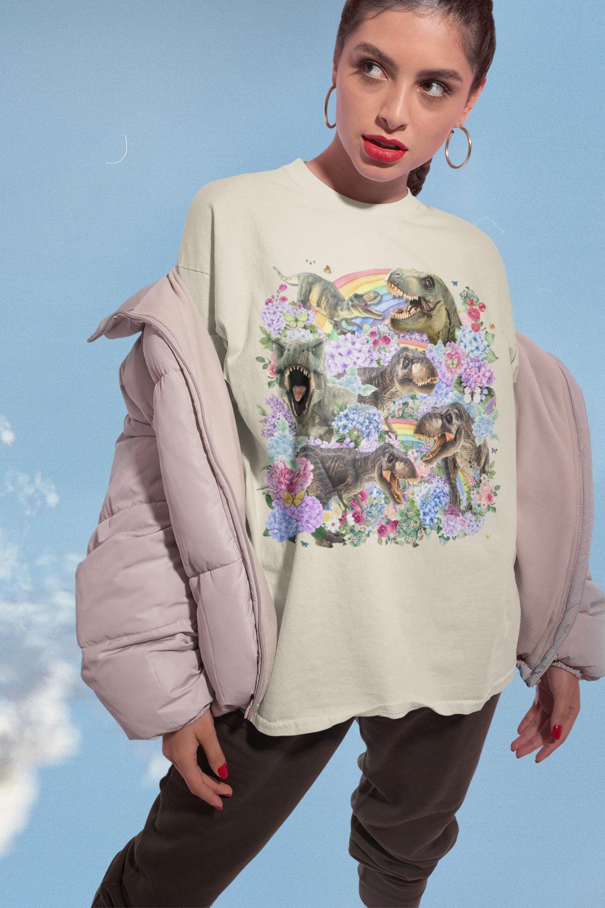 Floral Dinosaur Lover Tee Shirt with Rainbows and Hydrangea Flowers Butterly Lover TRex Tee Shirt for Paleontologist or Science Major Graphic Tee – Aesthetic Look · High-Quality Print