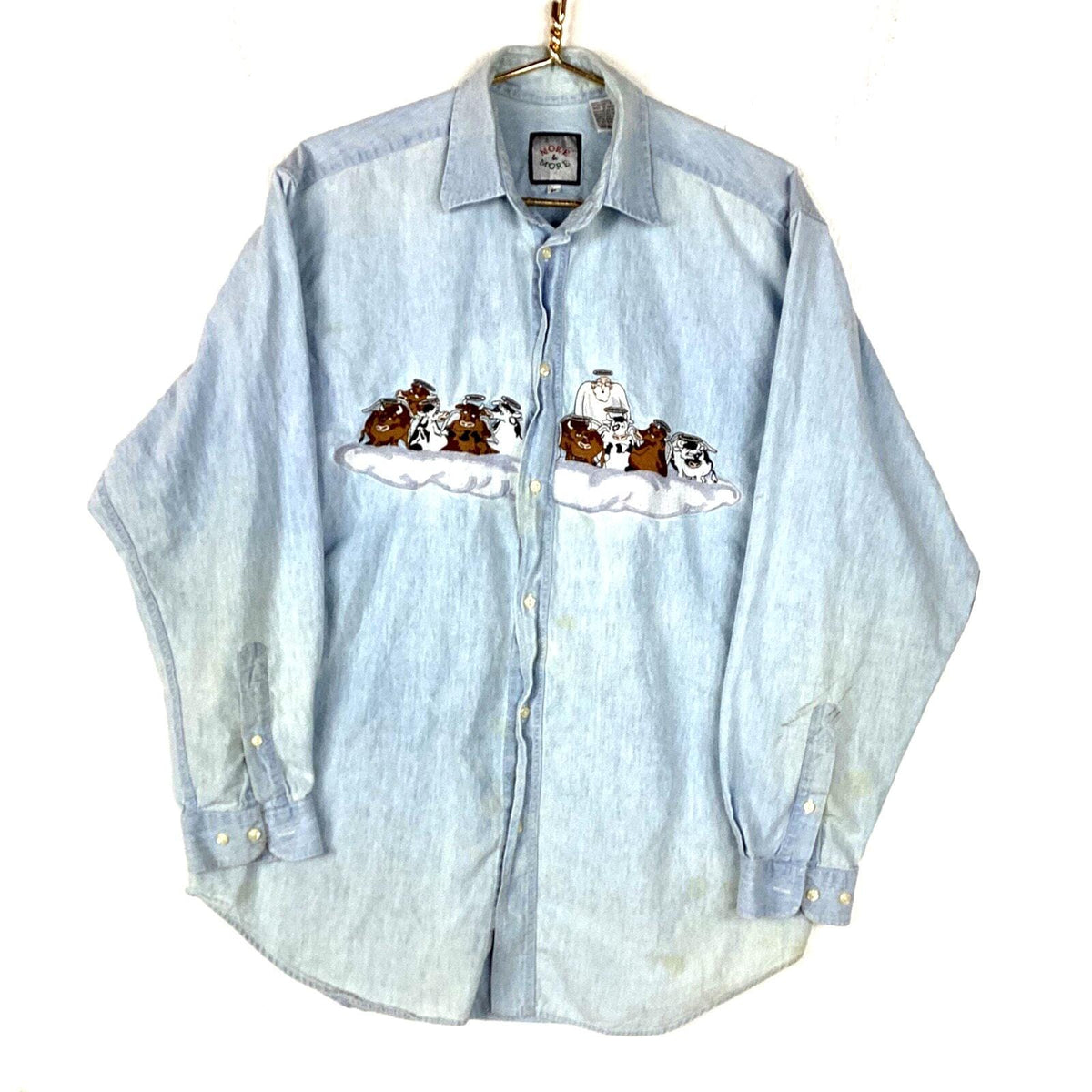 Vintage 199039s Denim Shirt Size Medium Blue Button Up Long Sleeve Cows Graphic Tee – Cozy Vibes · Must-Have Style