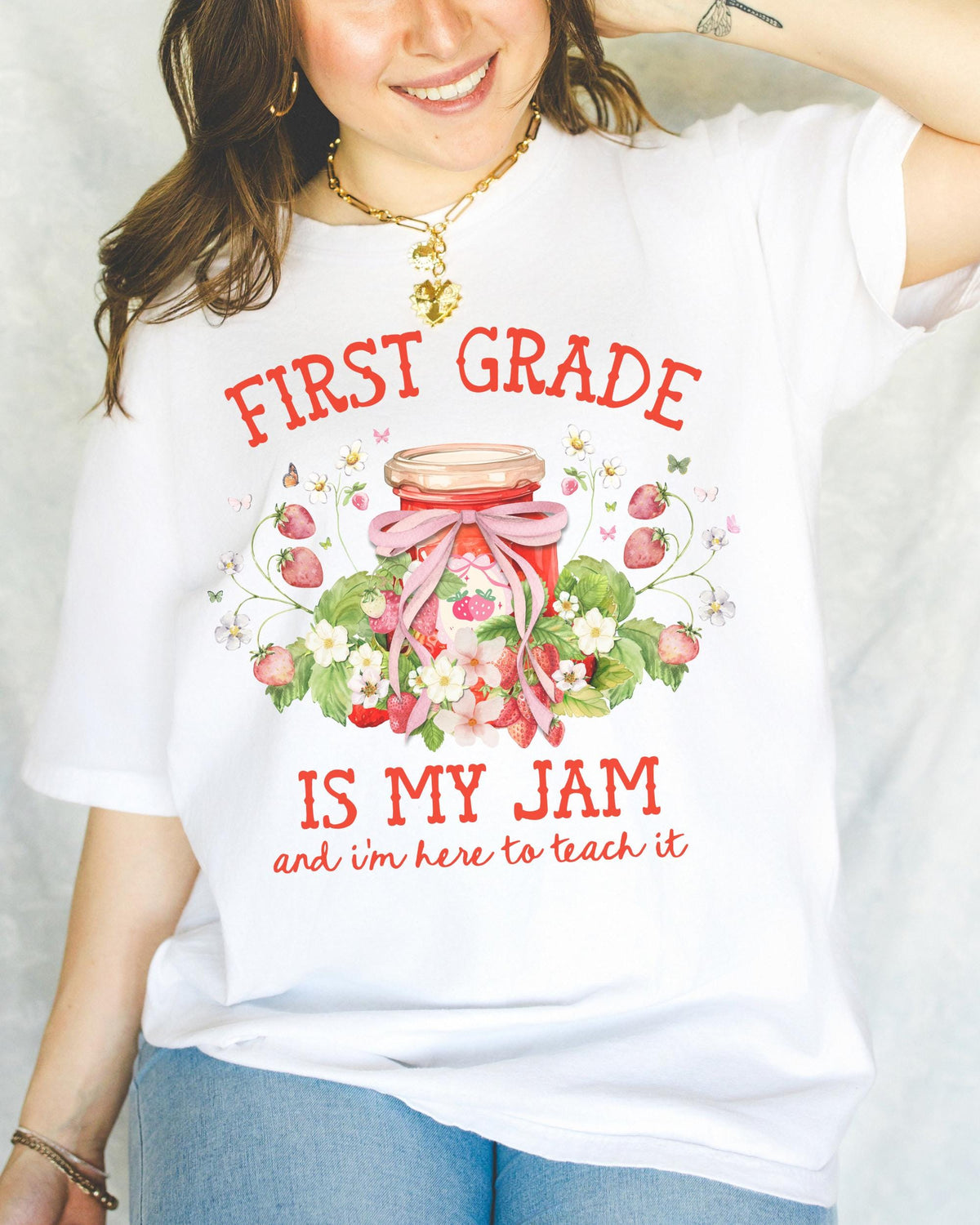 First Grade Teacher Tee Shirt with Strawberries First Grade is My Jam Matching Back to School Meet the Teacher TShirt First Grade Crew Graphic Tee – Fan Favorite · Must-Have Style