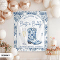 Chinoiserie Boots and Bubbly Bridal Shower Sign Blue Cowgirl Wedding Tapestry Custom Western Bachelorette Decor Champagne Themed Banner Graphic Tee – Soft Feel · Top Pick For Any Outfit