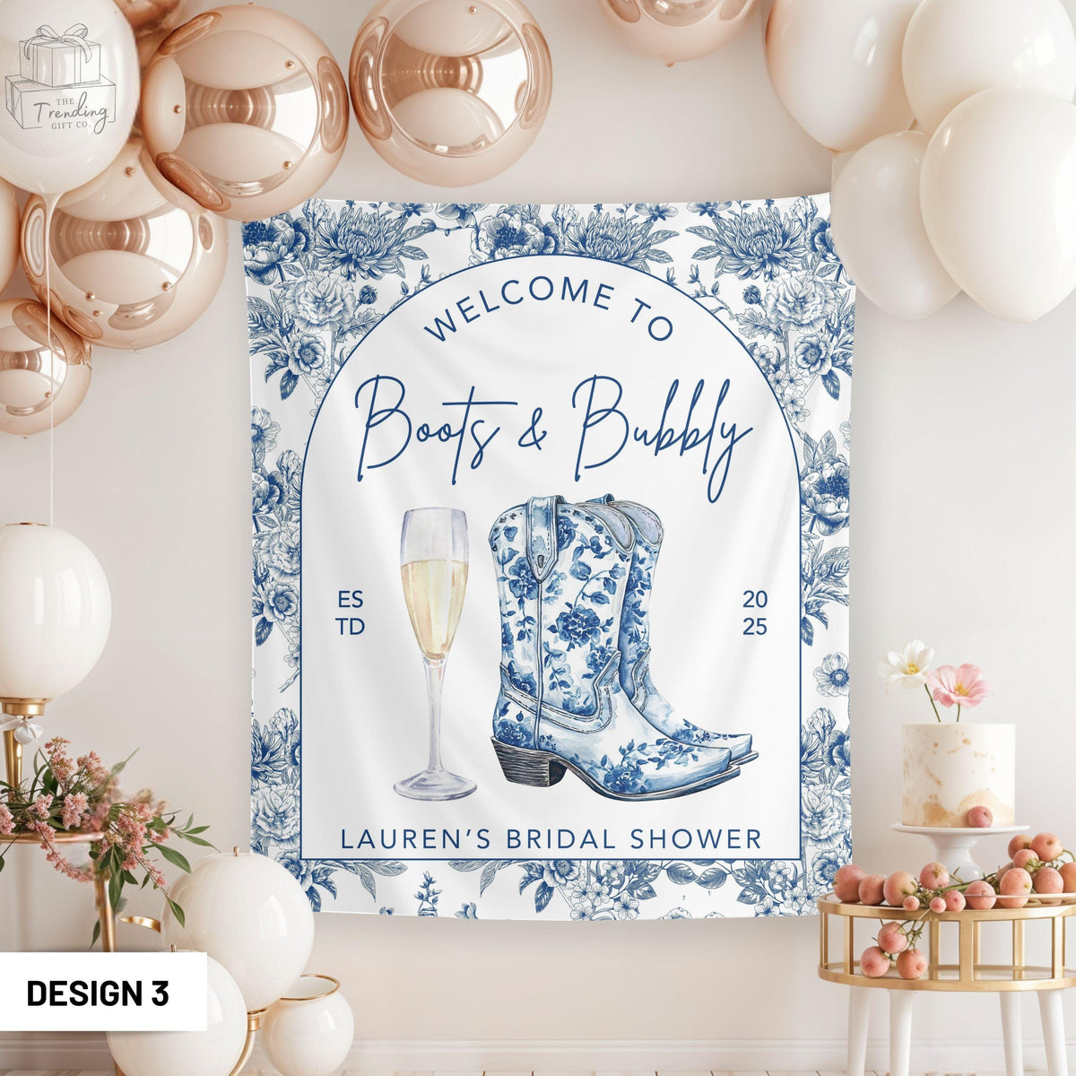 Chinoiserie Boots and Bubbly Bridal Shower Sign Blue Cowgirl Wedding Tapestry Custom Western Bachelorette Decor Champagne Themed Banner Graphic Tee – Soft Feel · Top Pick For Any Outfit