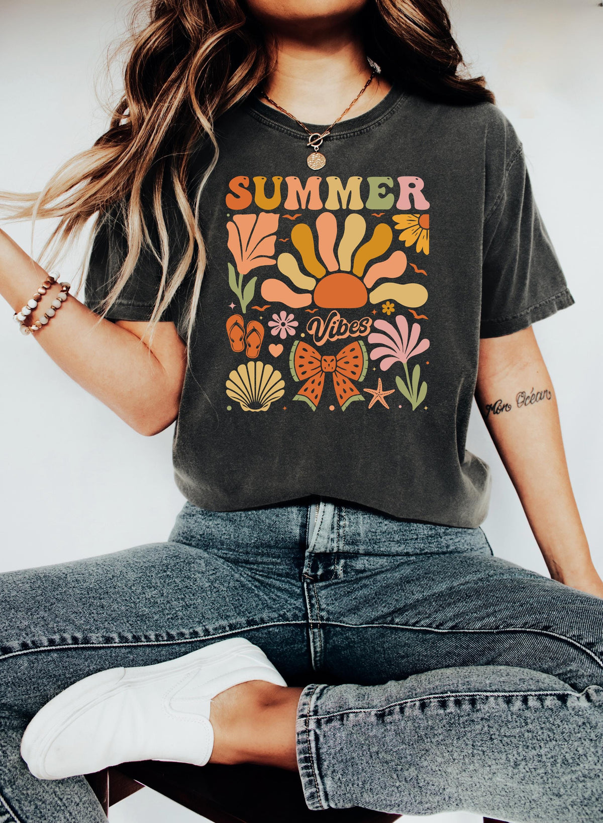 Summer Vibes Shirt Retro Boho Summer Tee Colorful Beach Shirt for Women Vacation T Shirt Aesthetic Trendy Cotton Graphic Tee Graphic Tee – Bold Style · Perfect For Daily Wear