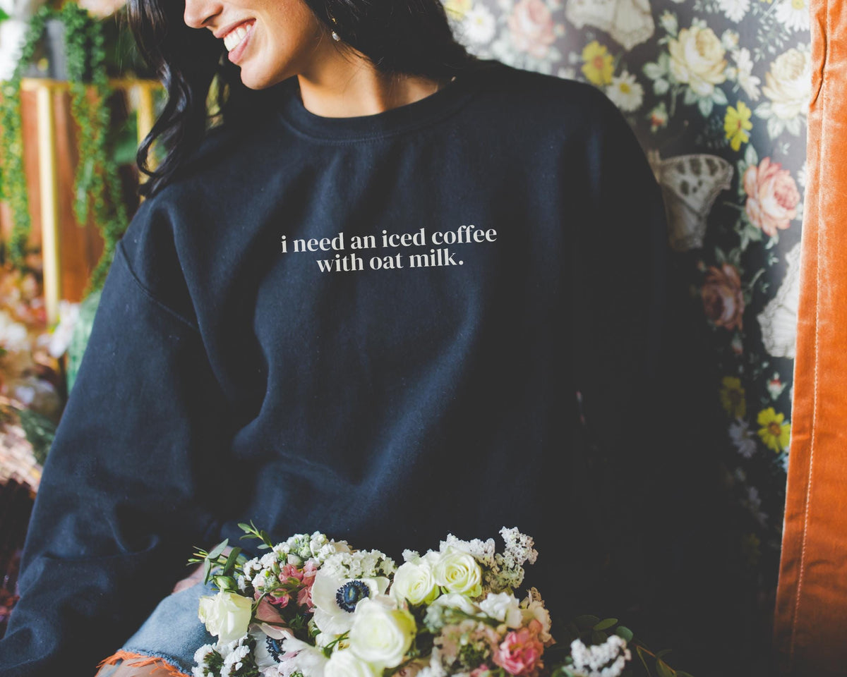 Cute Iced Coffee Lover Sweatshirt for Mom Friend or Sister Who Loves Iced Lattes with Oat Milk Funny Saying Crewneck for Coffee Drinker Sweatshirt – Warm & Stylish · High-Quality Print