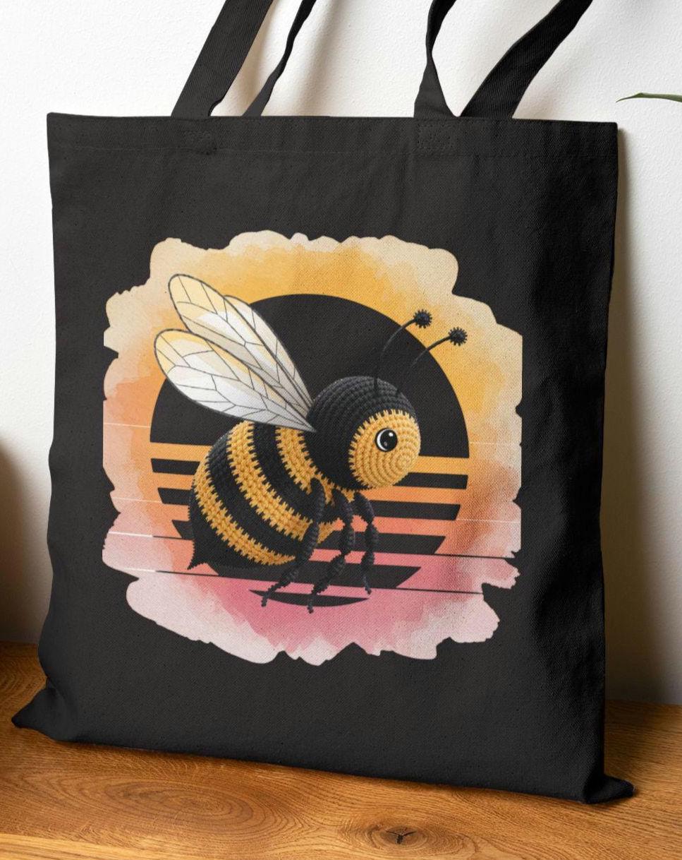 Bumblebee Crochet pattern Retro Sunset Tote Bag Bee Lover Gift Retro Style Tote Canvas Bag Beekeeper Gift Beekeeper Tote Nature Lover Tote Bag – Feel-Good Design · High-Quality Print
