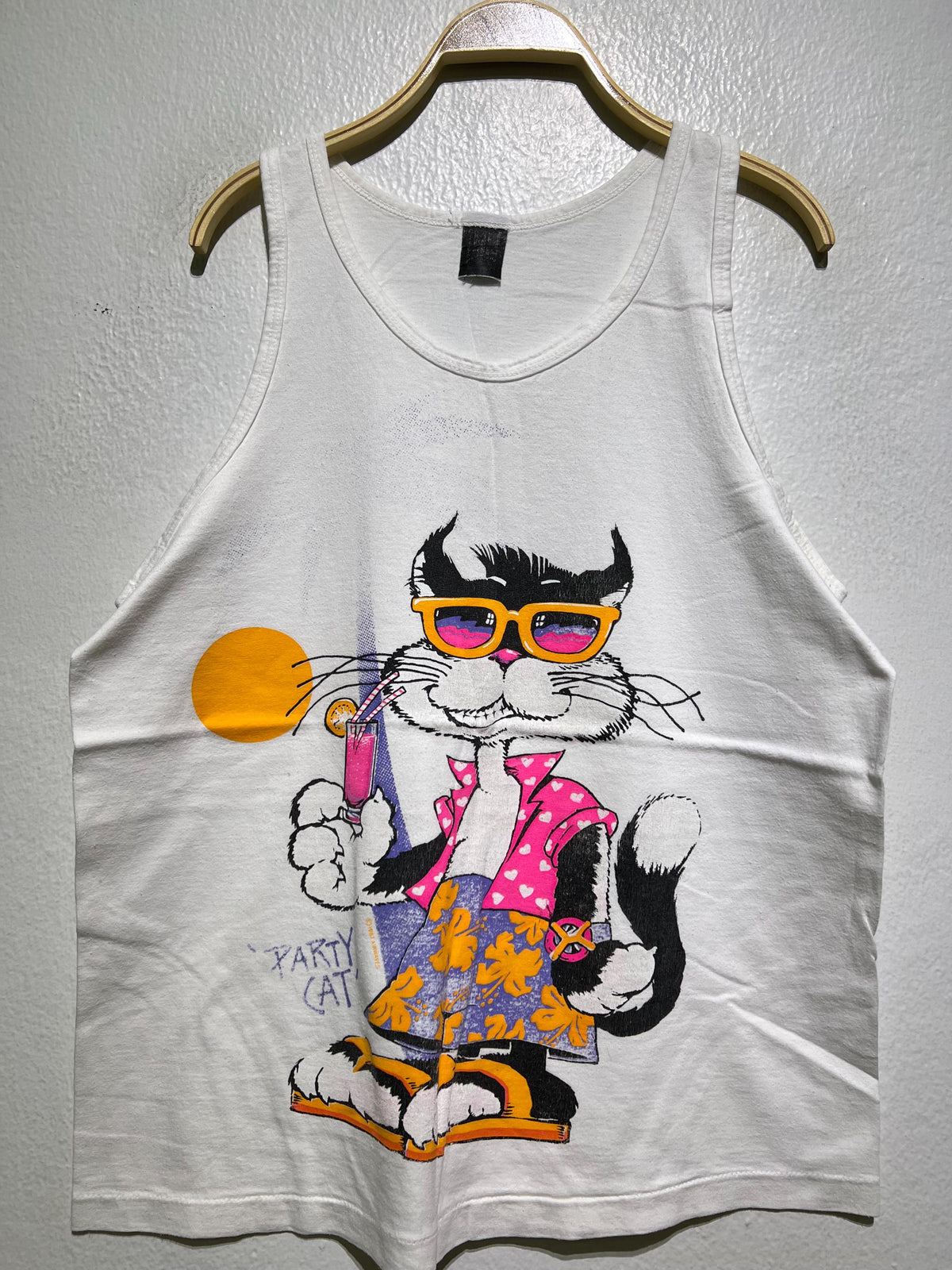 Vintage 80s Party Cat Tank Top Cool Sunglasses Cocktail Hawaiian Shirt Cartoon Beachwear Size S Retro Animal Character Summer Vacation Tee Tank Top – Aesthetic Look · High-Quality Print