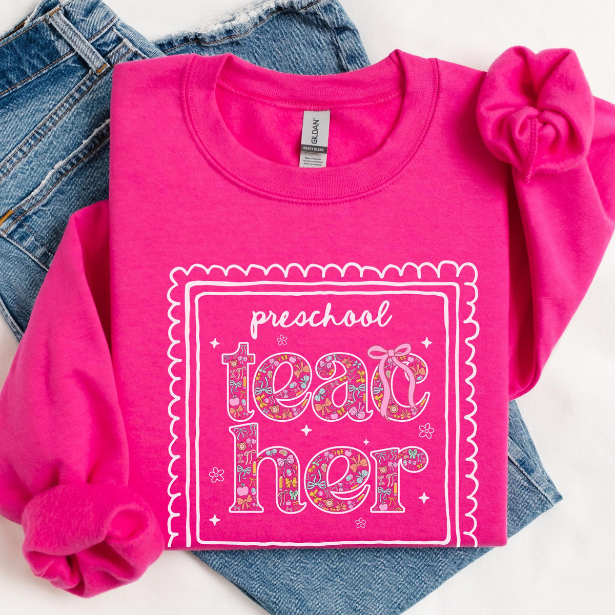 Preschool Teacher Sweatshirt for Back to School Cute Floral Matching Preschool Crew TShirt with Bow and Cute Nineties Aesthetic Doodles Sweatshirt – Easygoing Wear · Must-Have Style
