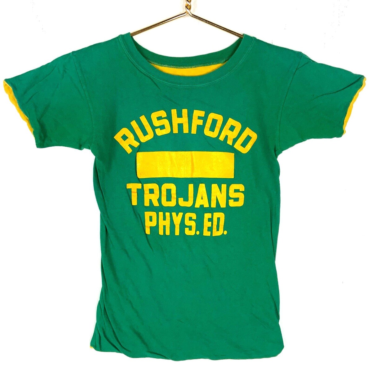 Vintage 1970s Double Face TShirt XS Green Yellow Rushford Trojans High Graphic Tee – Everyday Comfort · Must-Have Style