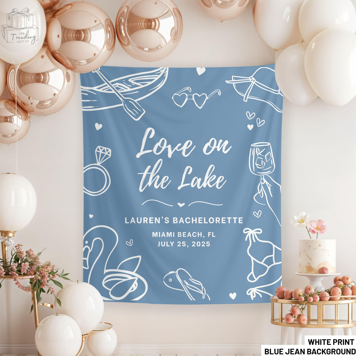 Custom Love On The Lake Bachelorette Tapestry Decor Personalized Lake Bach Party Banner Girl Trip Camping Weekend Bridal Shower Welcome Sign Graphic Tee – Bold Style · Must-Have Style