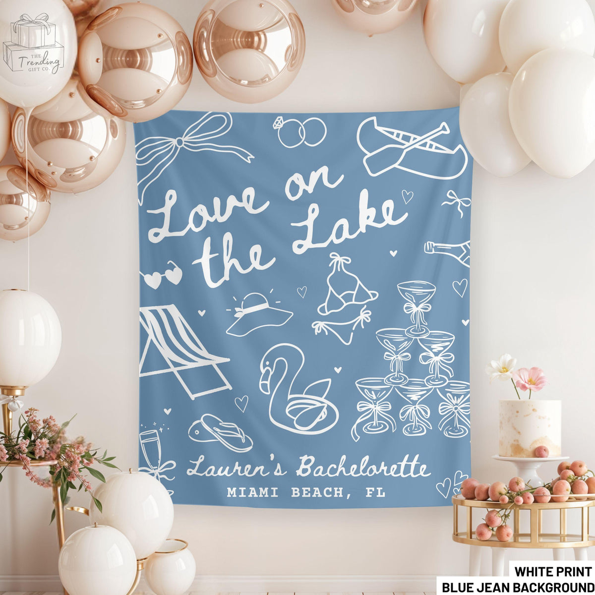 Love On The Lake Bach Banner Personalized Bachelorette Party DecorCustom Camping Tapestry Girls Trip Weekend Bridal Shower Welcome Sign Graphic Tee – Premium Graphic · Must-Have Style