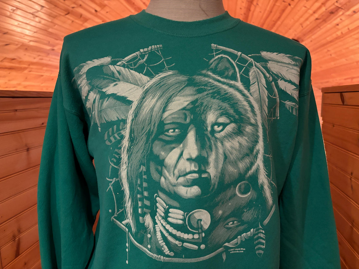 Vintage 90s Native American And Wolf Spiritual Tribal Green Crewneck Sweatshirt L Sweatshirt – Soft Feel · Top Pick For Any Outfit