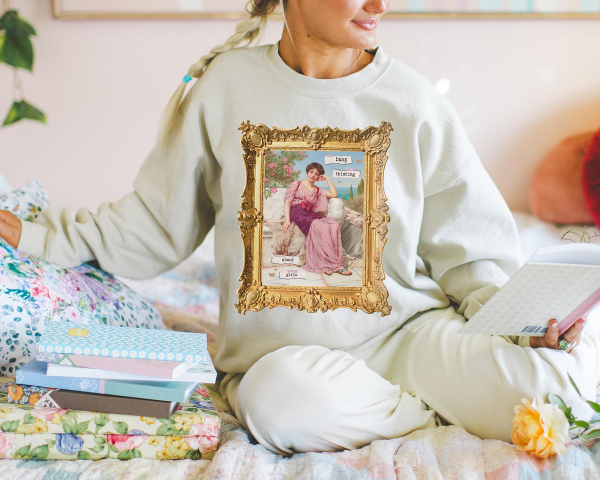 Cute Lesbian Sweatshirt Busy Thinking Abut Girls Funny Saying Pride Month Shirt for Gay Sister John William Goddard Art History Painting Sweatshirt – Easygoing Wear · High-Quality Print