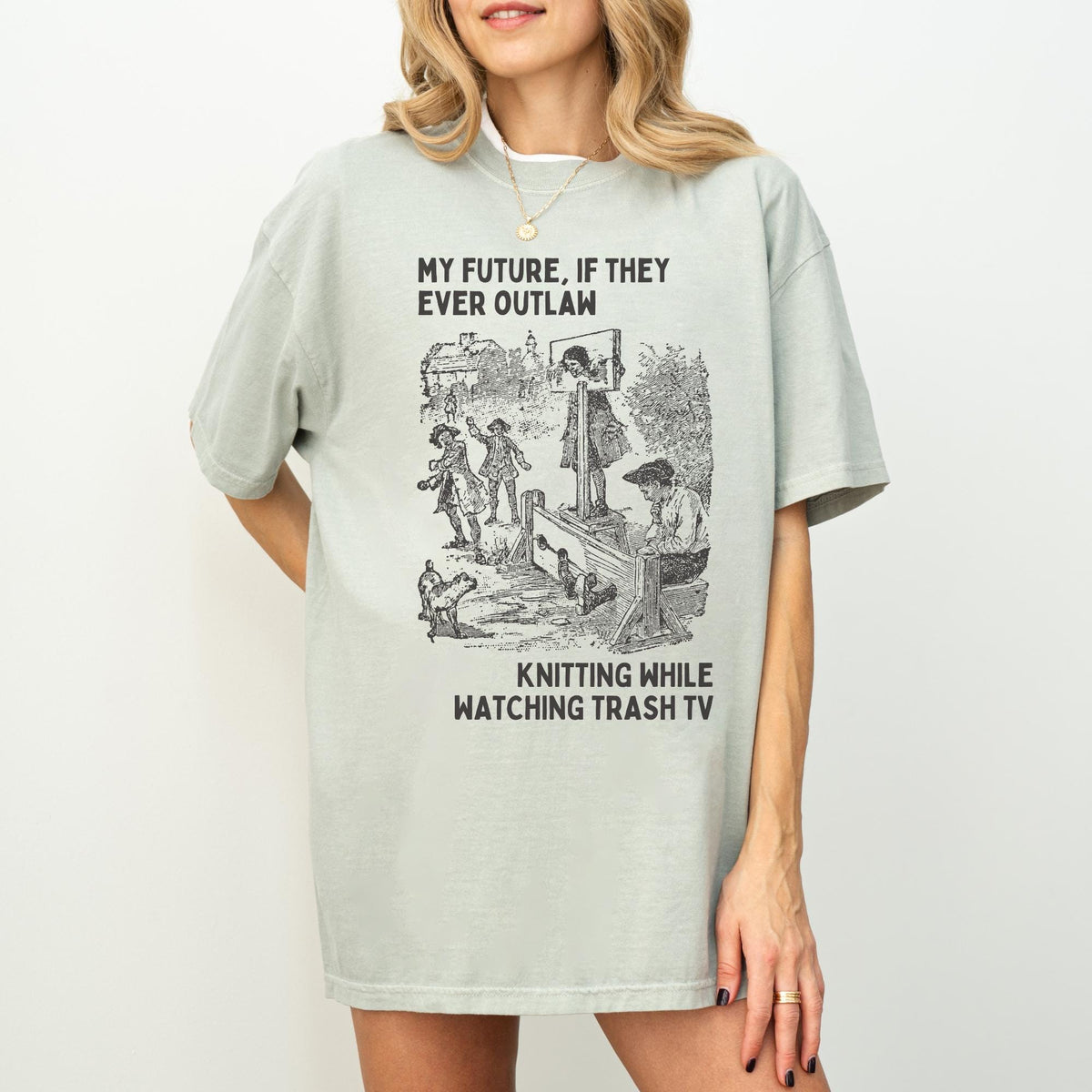 Funny Knitting Lover Tee Shirt for Friend Who Loves to Knit While Watching TV Funny Saying Yarn Lover Gift Vintage Aesthetic Birthday Gift Graphic Tee – Cozy Vibes · High-Quality Print