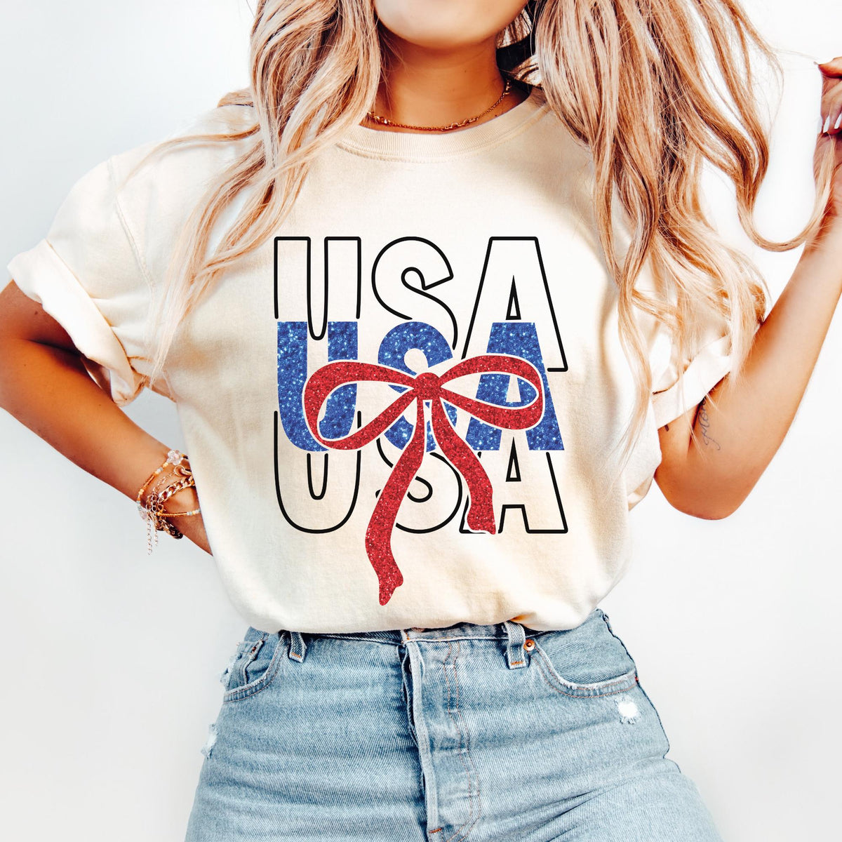 Faux Glitter USA Shirt July 4th Shirt July 4th Tee Independence Day Shirt 4th of July Party TShirt Trendy Usa Celebration USA Bow Tshirt Graphic Tee – Cozy Vibes · Must-Have Style