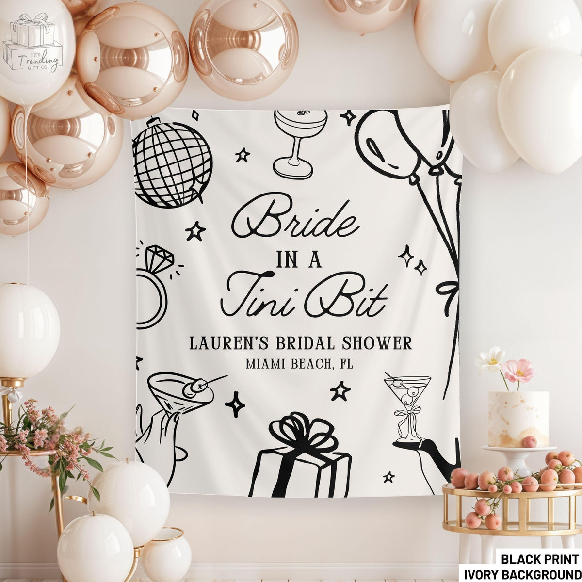 Bride in a Tini Bit Banner Martini Bachelorette Decor Backdrop Espresso Martini Bach Welcome Sign Dirty Martini Bridal Shower Tapestry Graphic Tee – Aesthetic Look · Perfect For Daily Wear