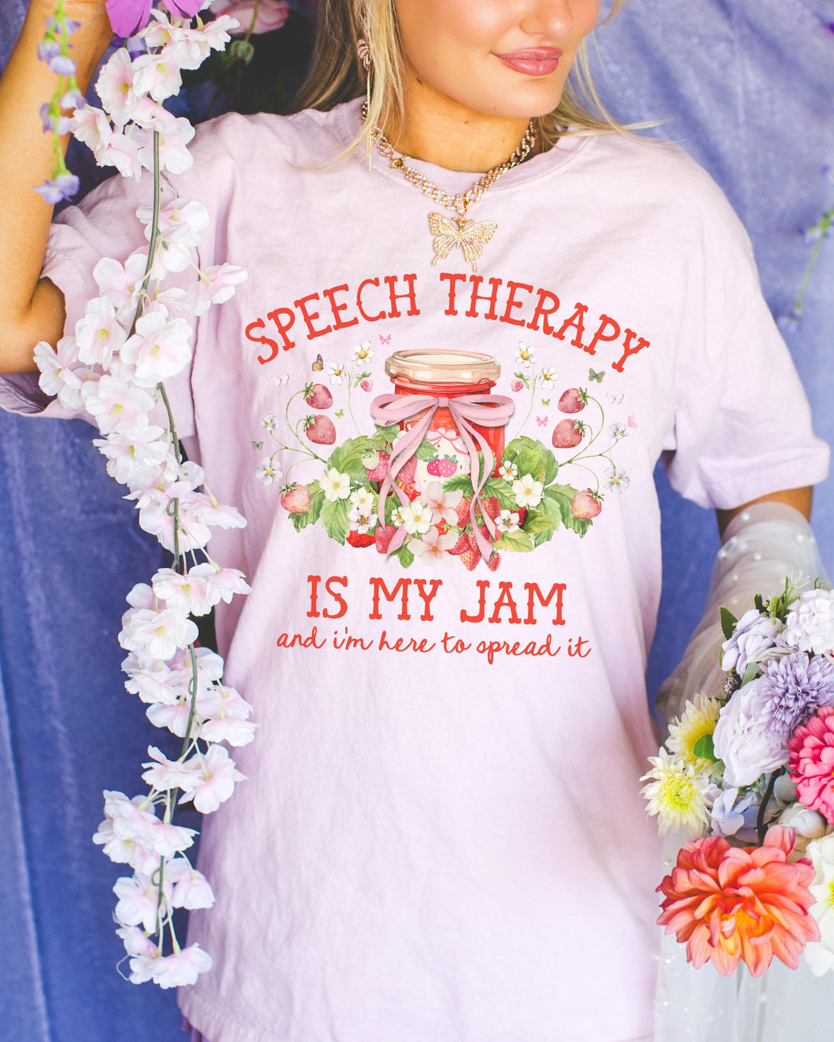 Speech Therapy is My Jam Tee Shirt Strawberries and Flowers Cute Congratulations Gift for New Speech Language Pathologist Graduation Gift Graphic Tee – Soft Feel · Great Gift For Fans