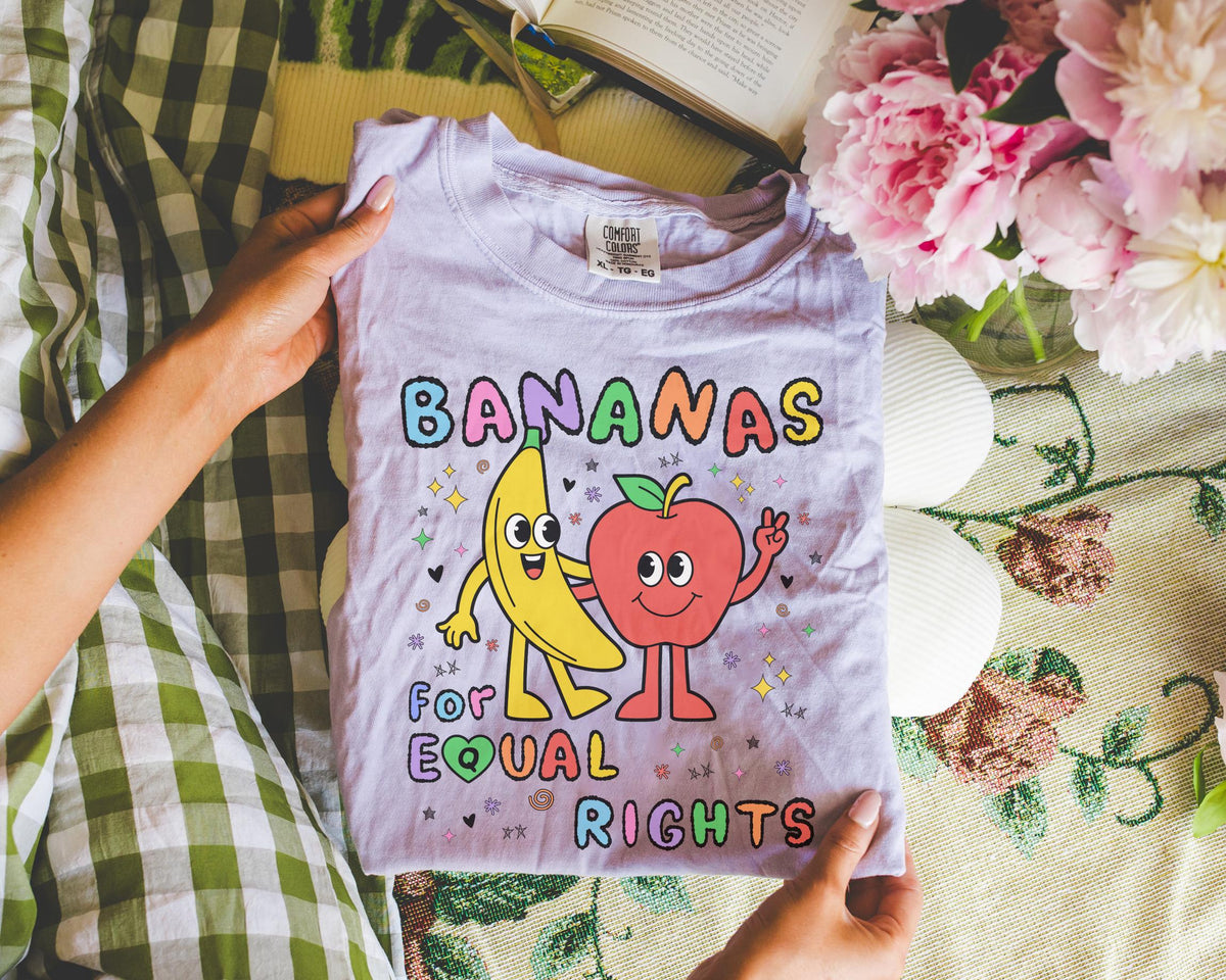 Colorful Equal Rights Tee Shirt with Funny Saying Bananas for Equal Rights Cute Fruit Lover TShirt for Pride Month Proud LGBTQ Ally Graphic Tee – Easygoing Wear · Must-Have Style
